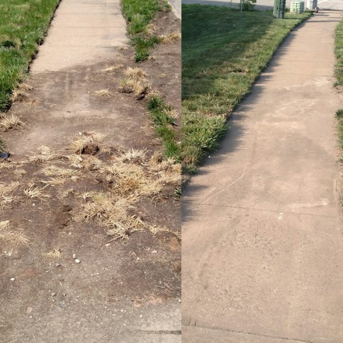 Before and after comparison of debris removed from sidewalk by VDOT.